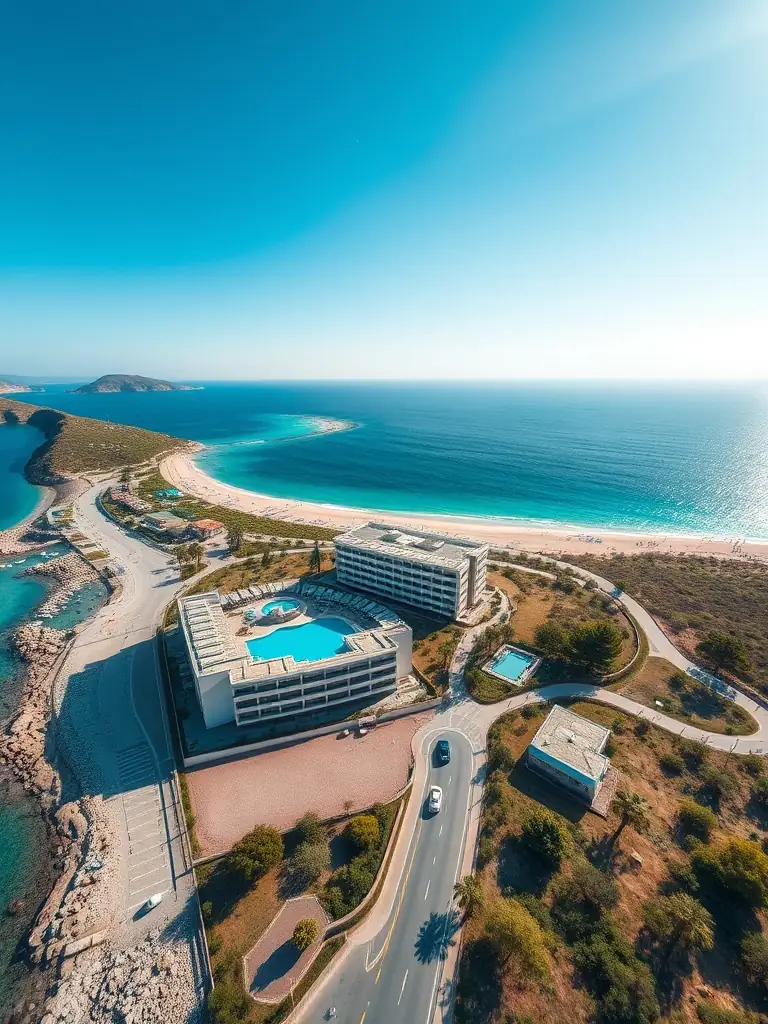An aerial view of the Crete 2026 property, highlighting its proximity to local attractions and the surrounding landscape.