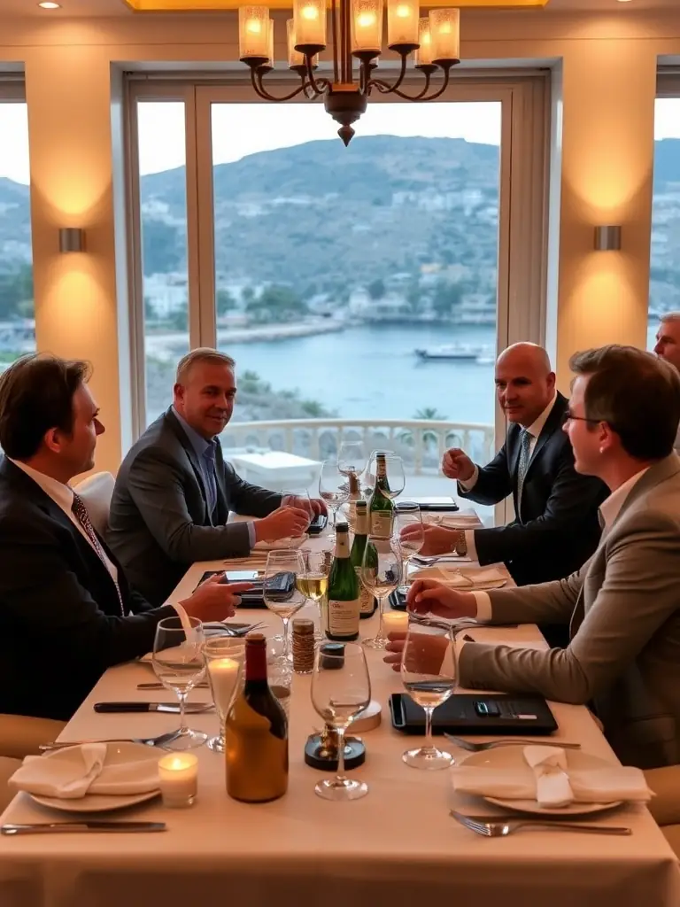 A photograph of a group of real estate brokers networking and enjoying a meal at a high-end restaurant in Crete, showcasing the broker trip experience.