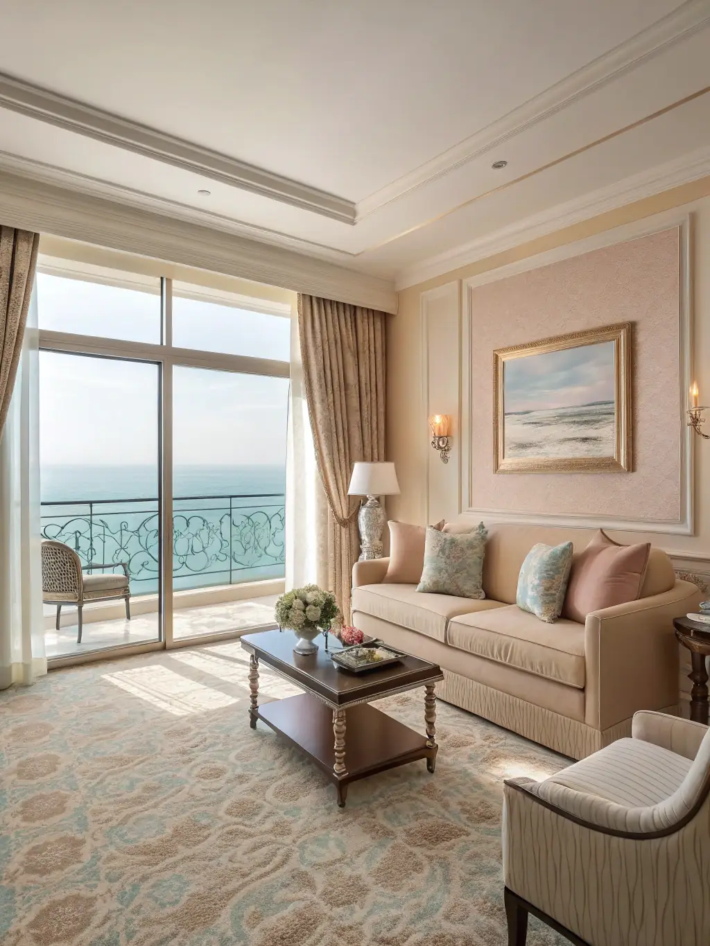 An artist's rendering of a modern, luxurious aparthotel suite with floor-to-ceiling windows offering panoramic views of the Mediterranean coastline.